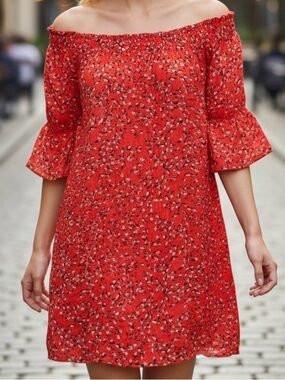 a.n.a Red One-Shoulder Floral Shift Dress